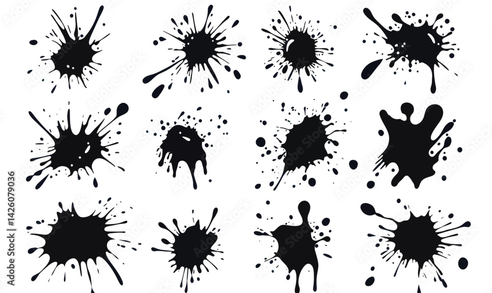 Poster dynamic vector ink splash set with diverse black paint blot patterns for creative design