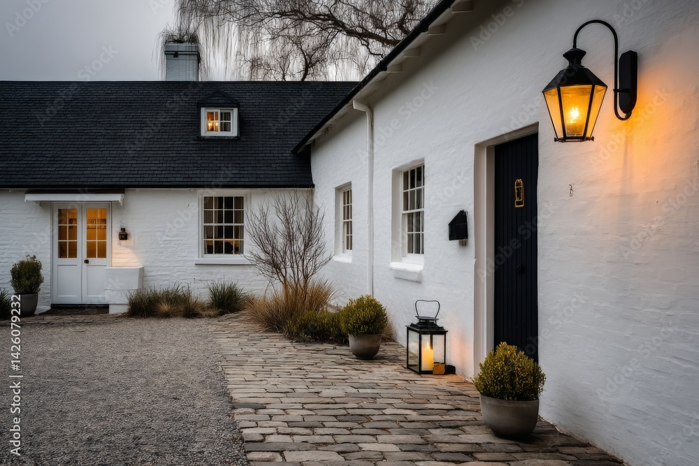 Poster charming white cottage with warm lantern light in a serene rural setting during twilight