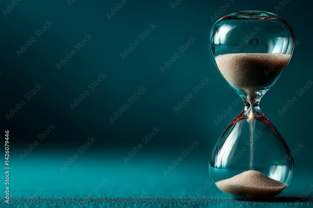 Poster hourglass resting on a teal surface with fine sand flowing inside, symbolizing the passage of time