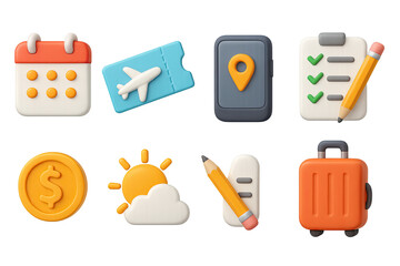 Travel and logistics 3d icons set – adventure and vacation symbols with planning: airplane ticket, calendar, map location, checklist, coin, sun, pencil, suitcase