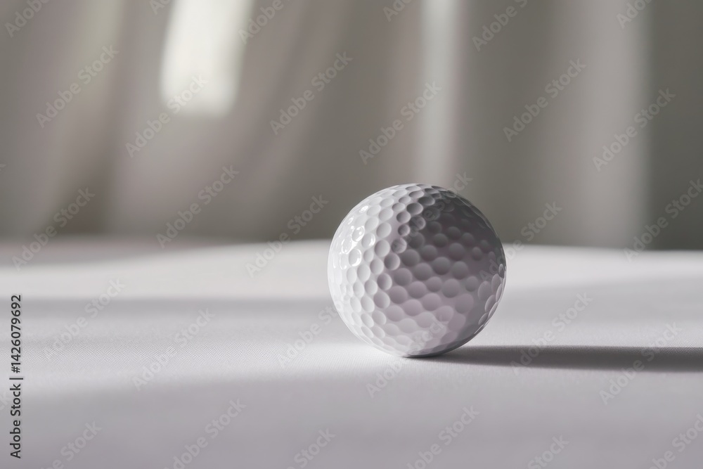 Poster A white golf ball with textured dimples rests on a clean, glossy white surface, enhanced by soft shadows that add depth and create visual interest