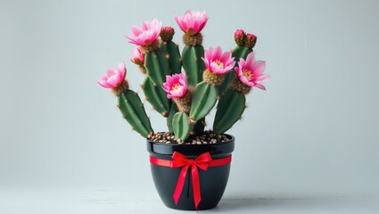 Festive blooming cactus as a houseplant with vibrant pink flowers on a white background