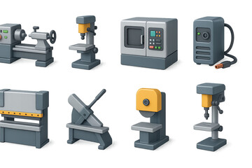 Industrial equipment icon set – 3d style machinery and manufacturing tools for factory operations, cnc machine, drill press, milling machine, lathe, welding machine, grinder