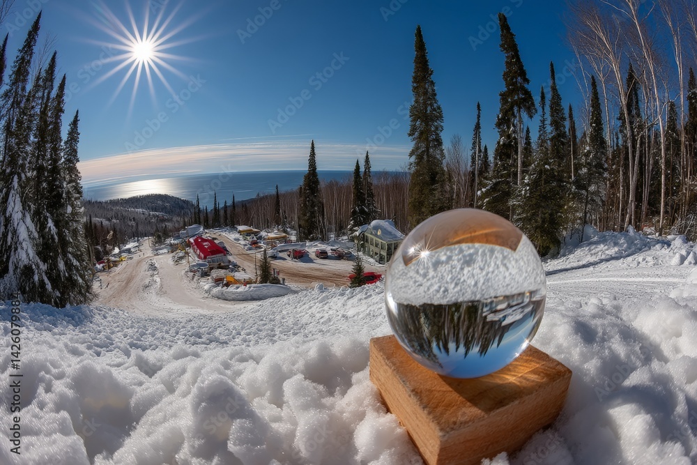 Poster snow-covered landscape in winter with a crystal sphere showcasing a breathtaking view of the lake an