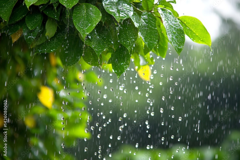 Poster rainfall creates a serene atmosphere as droplets cascade from vibrant green leaves in a lush garden 
