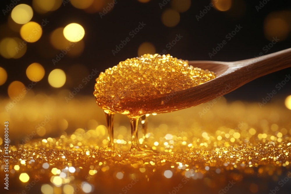 Poster golden syrup drips from a wooden spoon onto a sparkling surface in a warm, inviting setting
