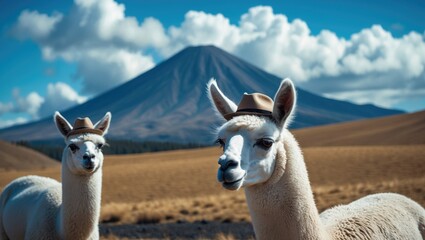 Obraz premium Two white llamas in front of a dramatic volcano in Uyuni