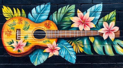 Colorful mural of a ukulele and tropical flowers painted on a brick wall