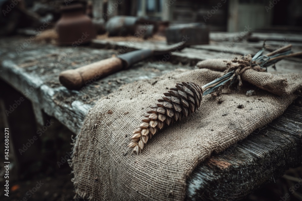 Aufkleber Close-up of pinecone on burlap cloth beside a woodworking tool in a rustic workshop on a cloudy day