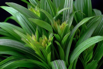 Obraz premium Green plant with vibrant leaves and new shoots in a dark background showcasing natural beauty and growth