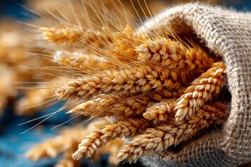 Wheat harvest displayed in a burlap sack with golden grains against a rustic blue background