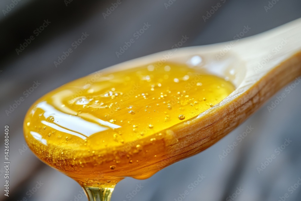 Poster honey drizzling from a wooden spoon showcasing its golden color and texture against a rustic backgro