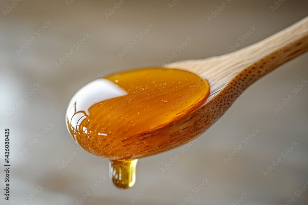Poster golden honey drips from a wooden spoon in a close-up view highlighting its rich texture and color du