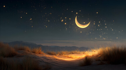 Serene lunar landscape with dunes, ethereal starlight, and a crescent moon in twilight.