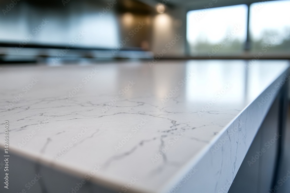 Poster close-up view of a marble kitchen island highlights polished granite textures within a minimalist in