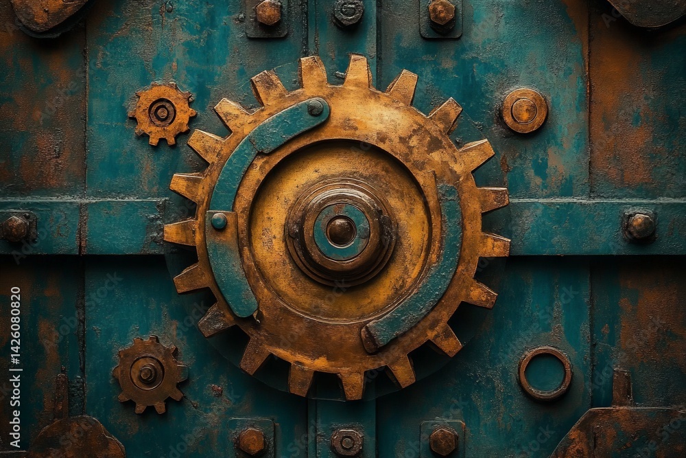 Aufkleber Rusty gears and mechanical elements create an industrial aesthetic with vintage charm in a weathered environment