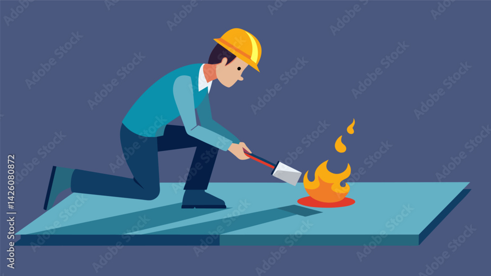 Aufkleber a worker using a handheld torch to heat and melt a selfadhesive waterproofing sheet onto the foundat