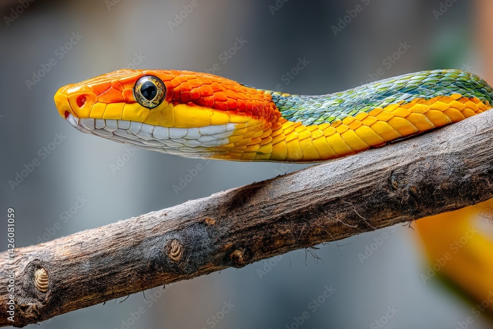 Poster Brightly colored snake resting on a branch in a rainforest setting during daylight hours