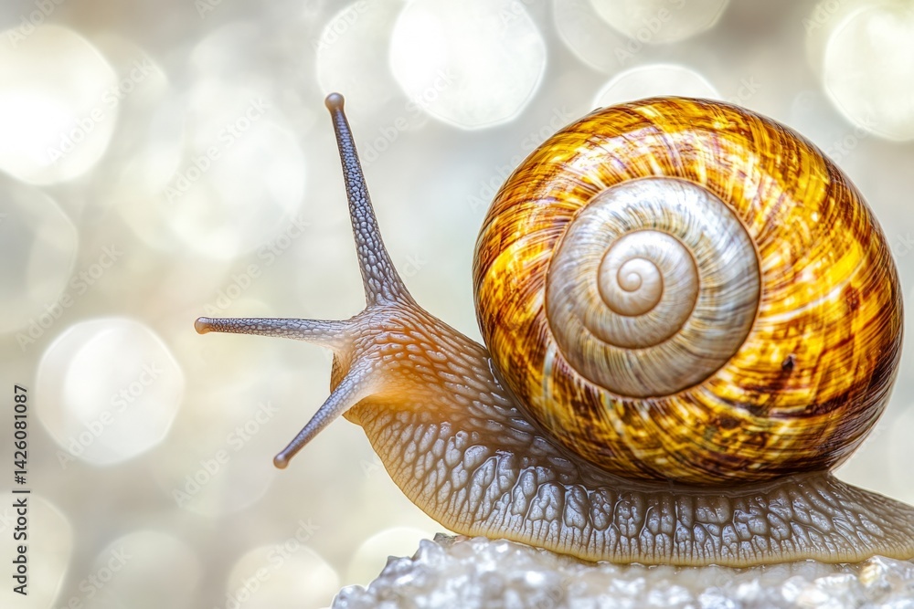 Aufkleber Snail exploring a surface against a blurred sparkling background during a sunny day