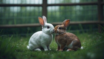 Cute pet rabbits enjoying each other's company outdoors in a vibrant garden setting.