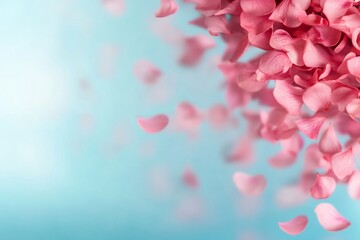 Obraz premium Delicate pink flower petals drift gracefully in the air, set against a calming pastel blue backdrop, creating a whimsical and enchanting atmosphere