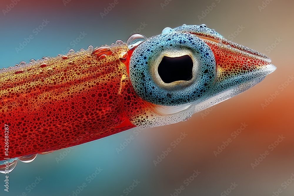 Poster Close up view of a colorful squid displaying vibrant colors and unique eye patterns in a marine environment