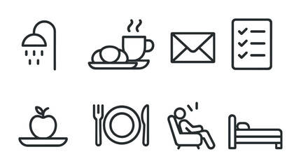 Daily routine icon set: 3d linear design featuring bath, breakfast, email, checklist, apple, dining set, relax, bed