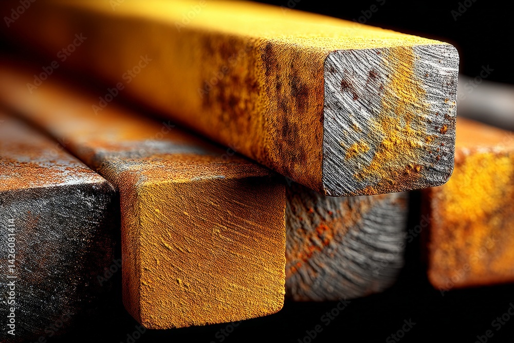 Poster rusty metal bars exhibiting various textures and colors in a close-up view captured under a low ligh