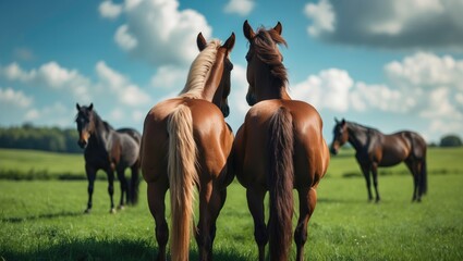 Obraz premium Grazing in a verdant pasture, two horses stand together, tenderly touching.