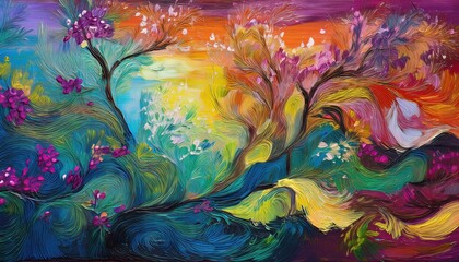 Vibrant Handcrafted Landscape, showcasing a serene forest backdrop with textured flora and fauna, bathed in soothing pastels under a sunset glow. characters