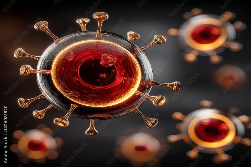 Poster close-up view of coronavirus particles illustrating virology and disease spread in a laboratory sett