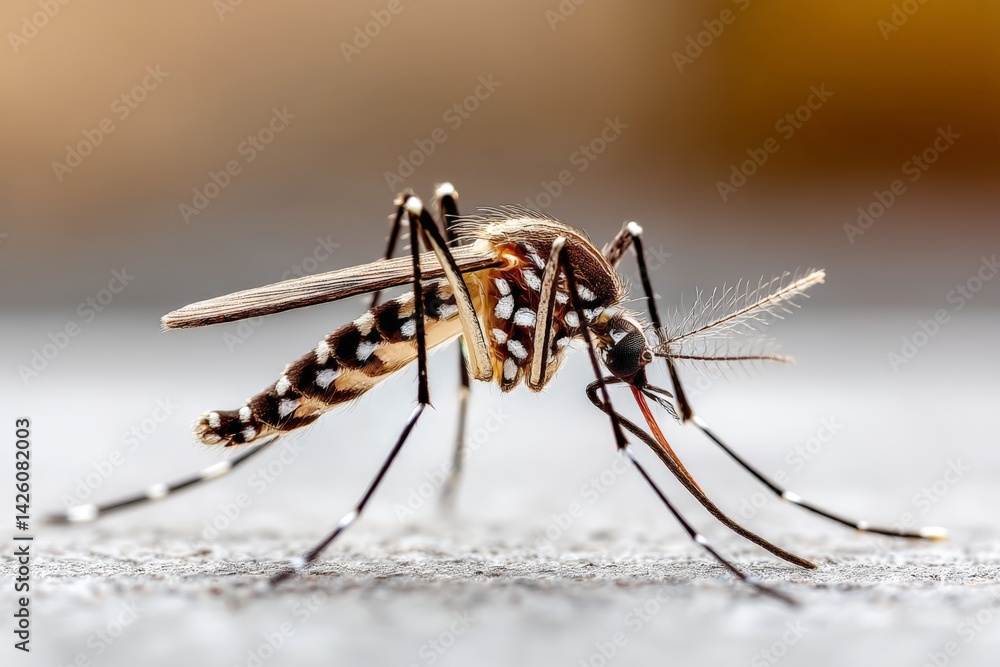 Poster close-up view of a striped mosquito resting on a surface in natural light while preparing to take fl