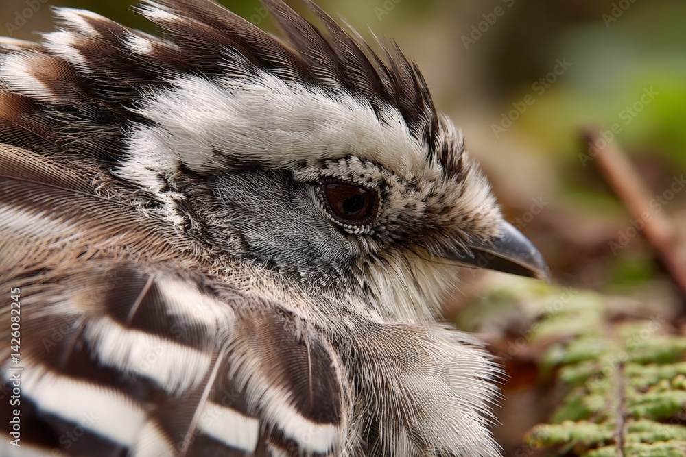 Poster colors of nature capture a close-up of a bird resting among foliage in a serene forest setting durin