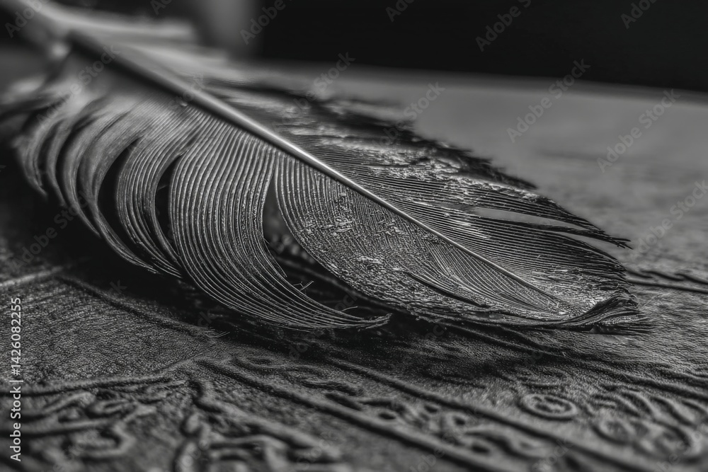 Aufkleber feather resting on an ornate wooden surface in black and white capture