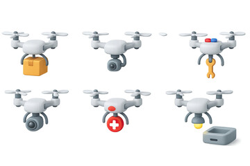 Drone delivery icon set – 3d style aerial transport and logistics symbols for drone operations, package delivery, surveillance, medical supply, repair, lighting
