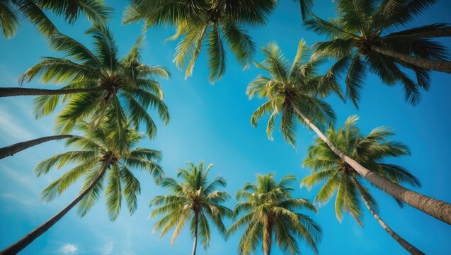 Coconut palm trees in a tropical setting with a clear blue sky overhead