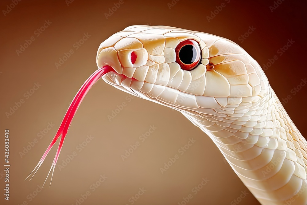 Poster close-up view of a white snake with a pink tongue in a natural light environment