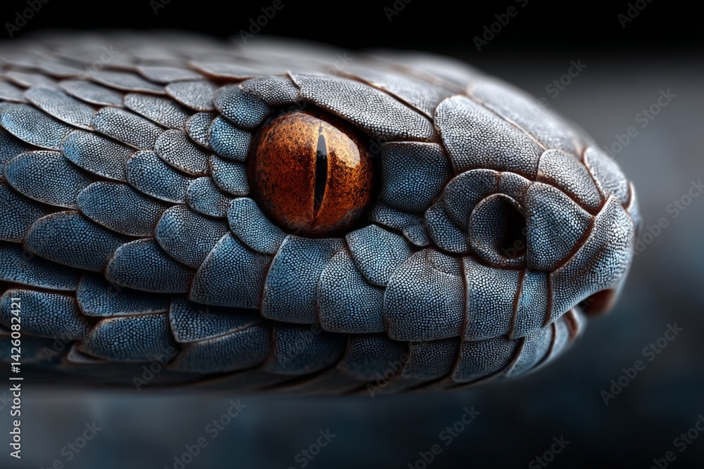 Poster close-up view of a blue and orange snake highlighting intricate scales and striking features