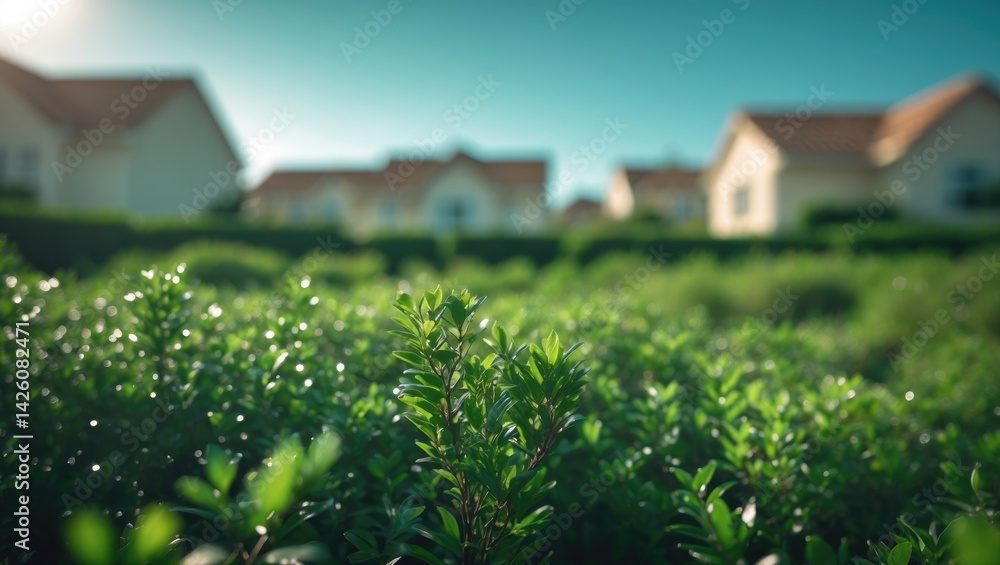 Poster close-up of the top of a bush with short depth of field in a lush garden