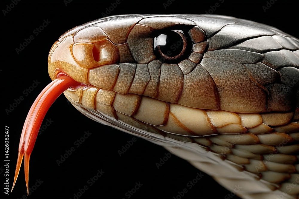 Poster Close-up of a snake with a flicking tongue against a dark background showcasing unique features
