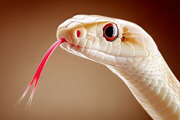 Fototapeta premium Close-up view of a white snake with a pink tongue in a natural light environment