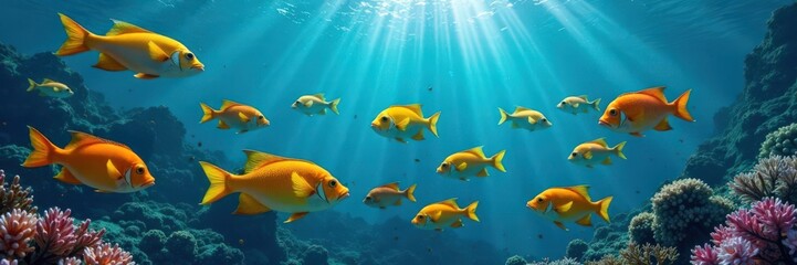 Naklejka premium school of colorful fish swim together in the ocean waters, aquatic, underwater, seafood