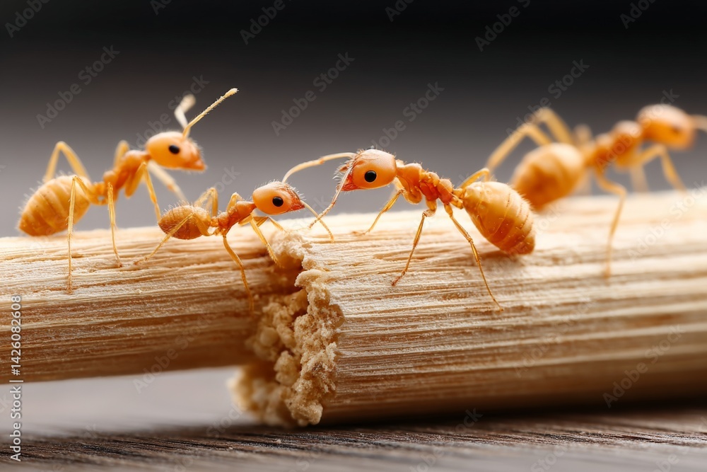 Poster Ants working together on a wooden stick in a close-up view showing their teamwork and determination