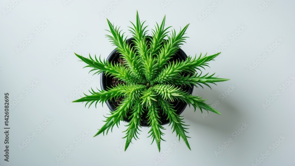 Poster top view of a small potted plant with succulents and cacti on a table against a white background