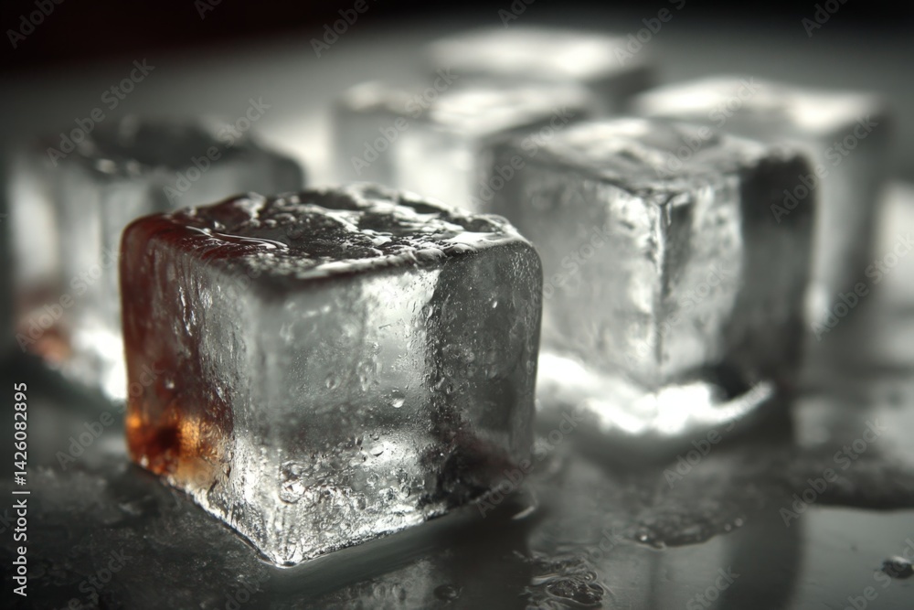 Aufkleber clear ice cubes glistening with condensation on a reflective surface in soft light setting