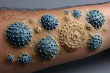 Intricate 3D tattoo design resembling viruses on a forearm showcasing artistic creativity and detail