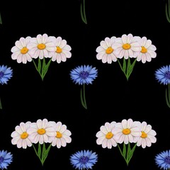 A seamless pattern featuring white daisies with yellow centers and blue cornflowers on a black background. The floral arrangement is vibrant and eye-catching, perfect for fabric or wallpaper designs.