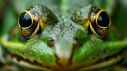 Close-up of vibrant green frog with golden eyes and intricate patterns