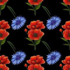 A seamless pattern featuring vibrant red poppies and blue cornflowers on a black background. The flowers are artistically arranged, showcasing their detailed petals and green leaves.