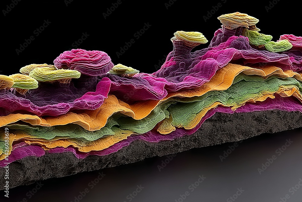 Poster Colorful layered geological formations displayed in a detailed close-up view showcasing vibrant hues and unique textures